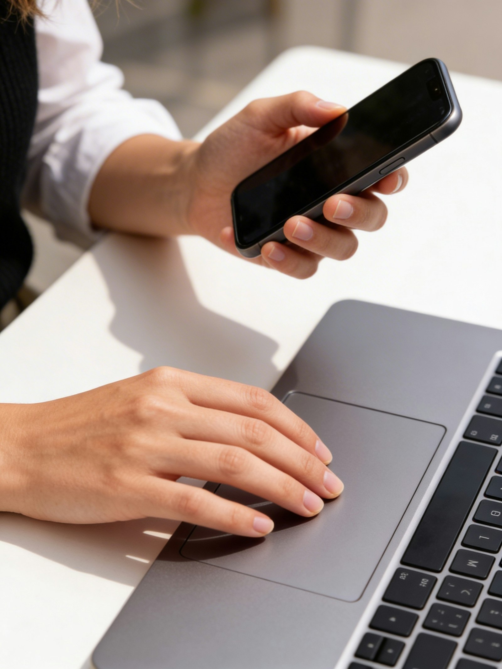 Close-up of hands using a smartphone and a laptop at the same time.