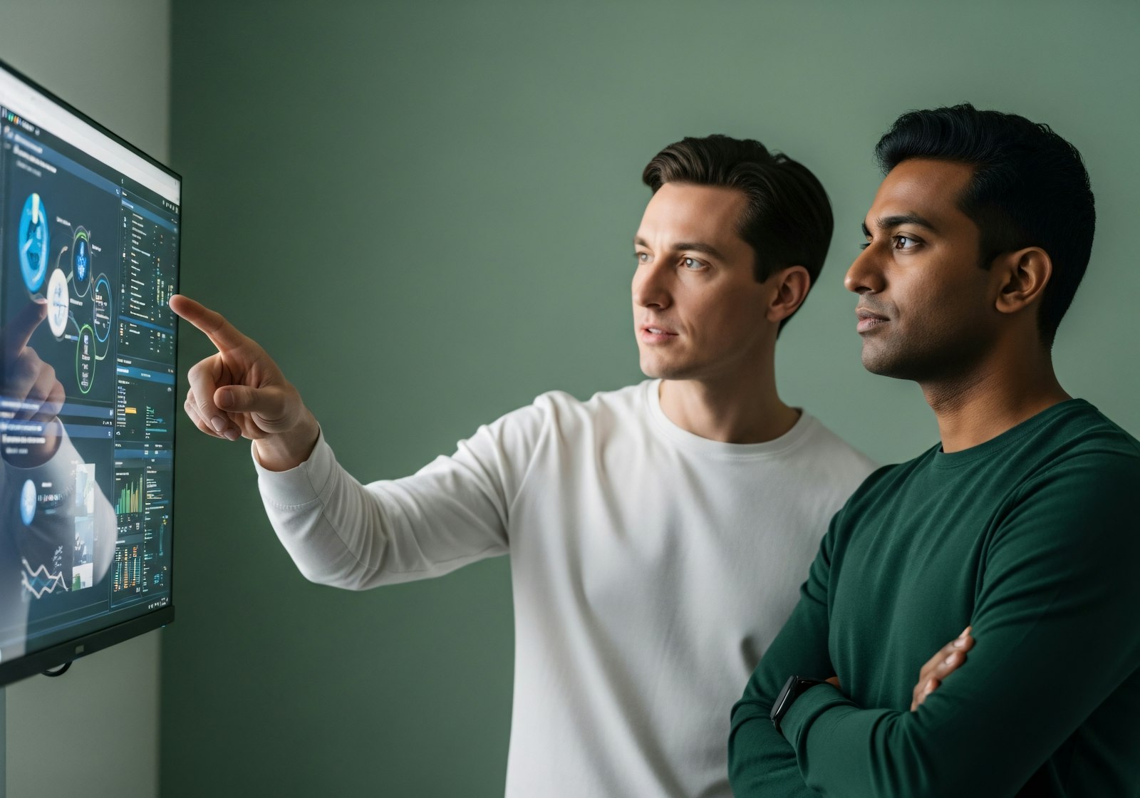 Two people going over numbers on a screen, one pointing at a figure.