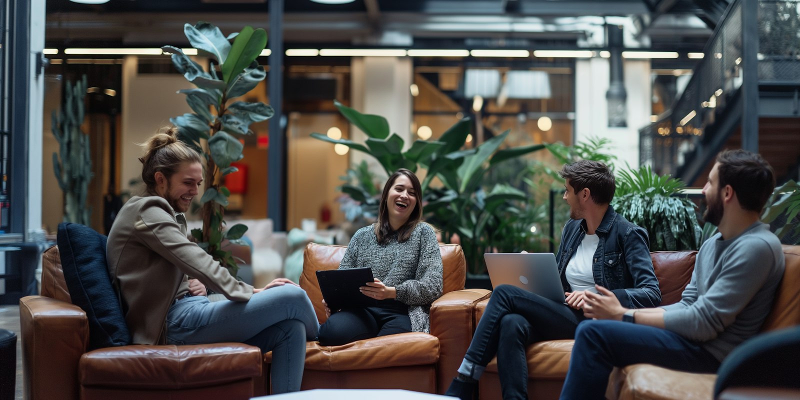 People laughing together in a bright office full of plants.