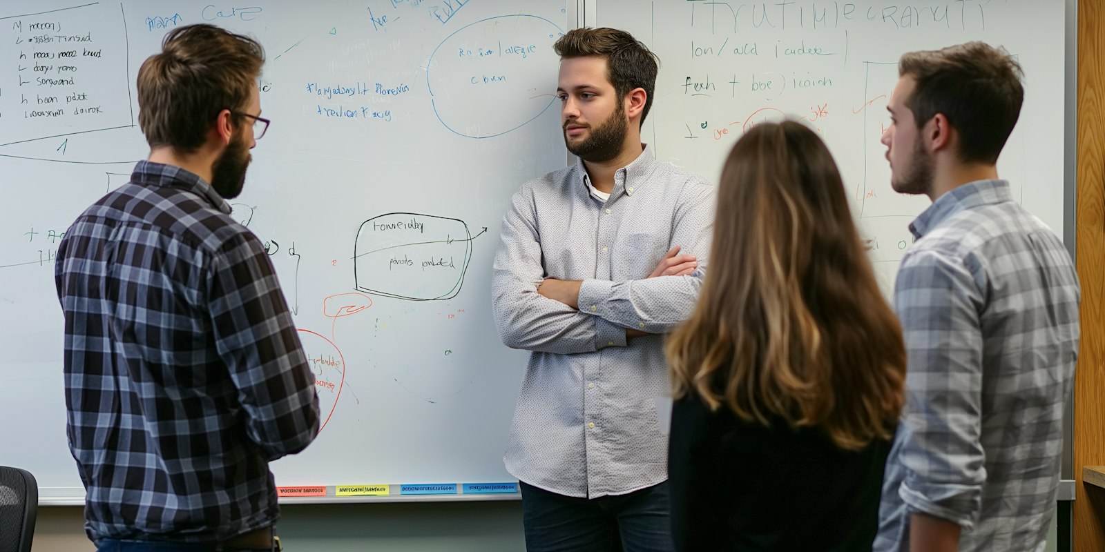 Four colleagues working through ideas at a whiteboard.