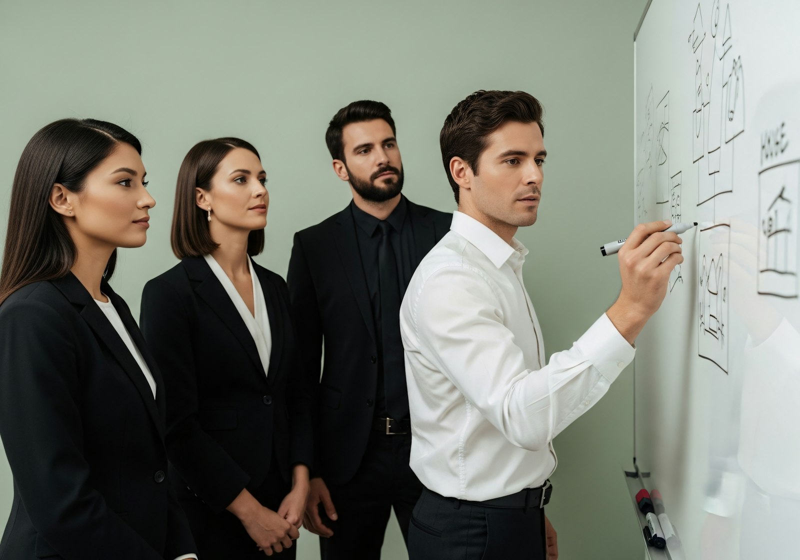 Team brainstorming while one member writes on a whiteboard.