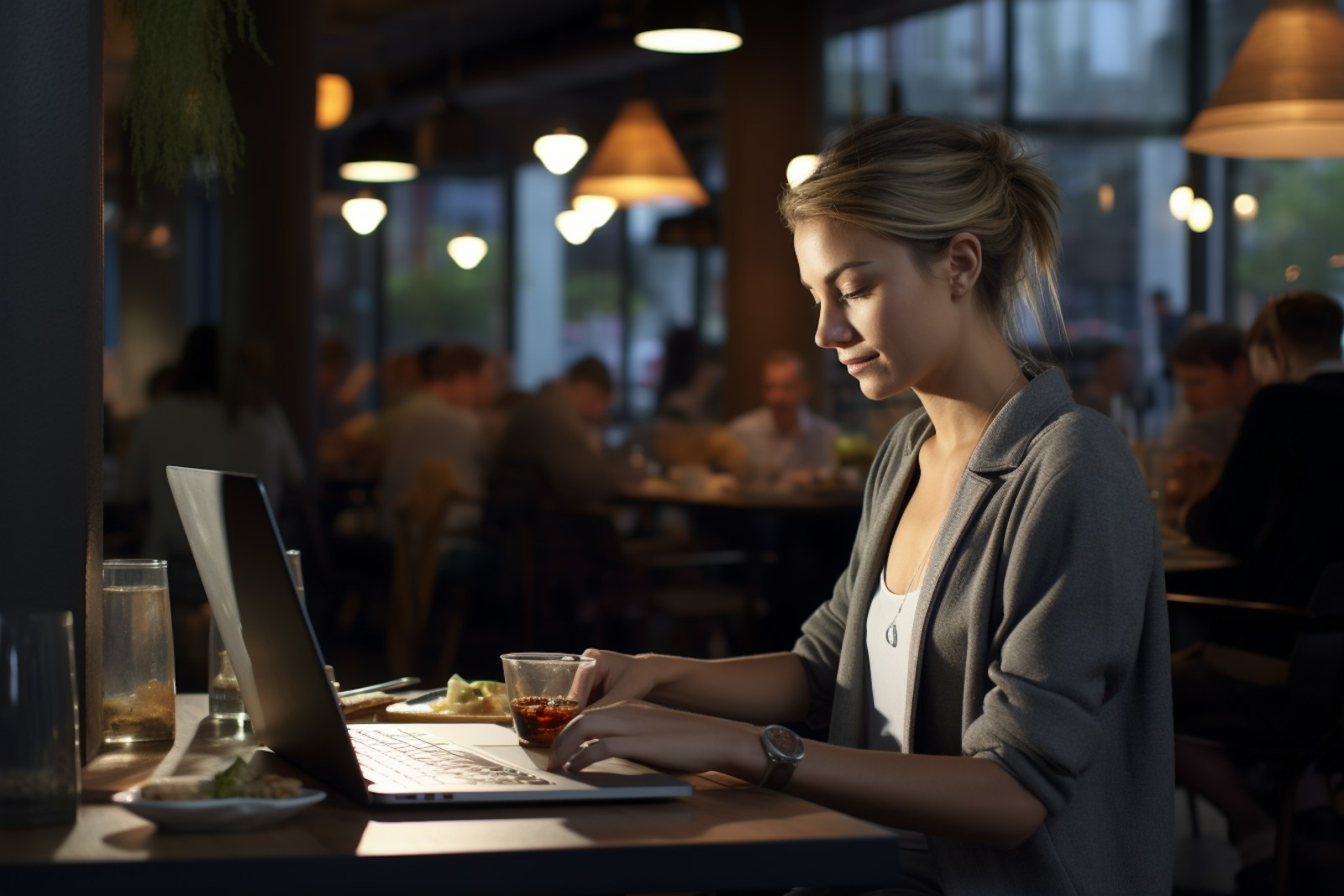 Young woman working on a laptop in a busy cafe.