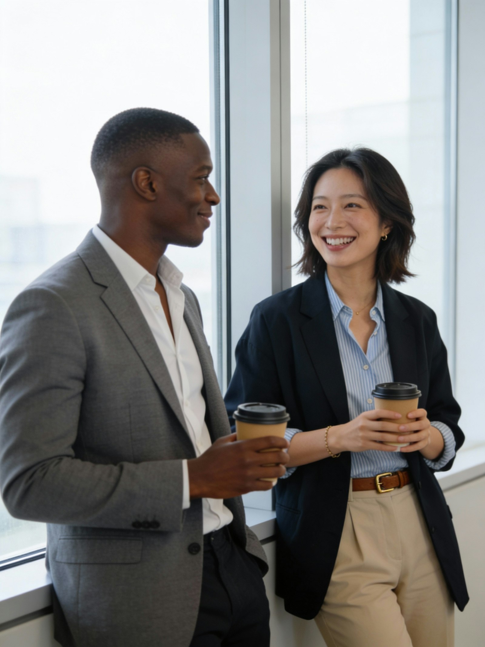 Two colleagues chatting by a window with coffee cups.