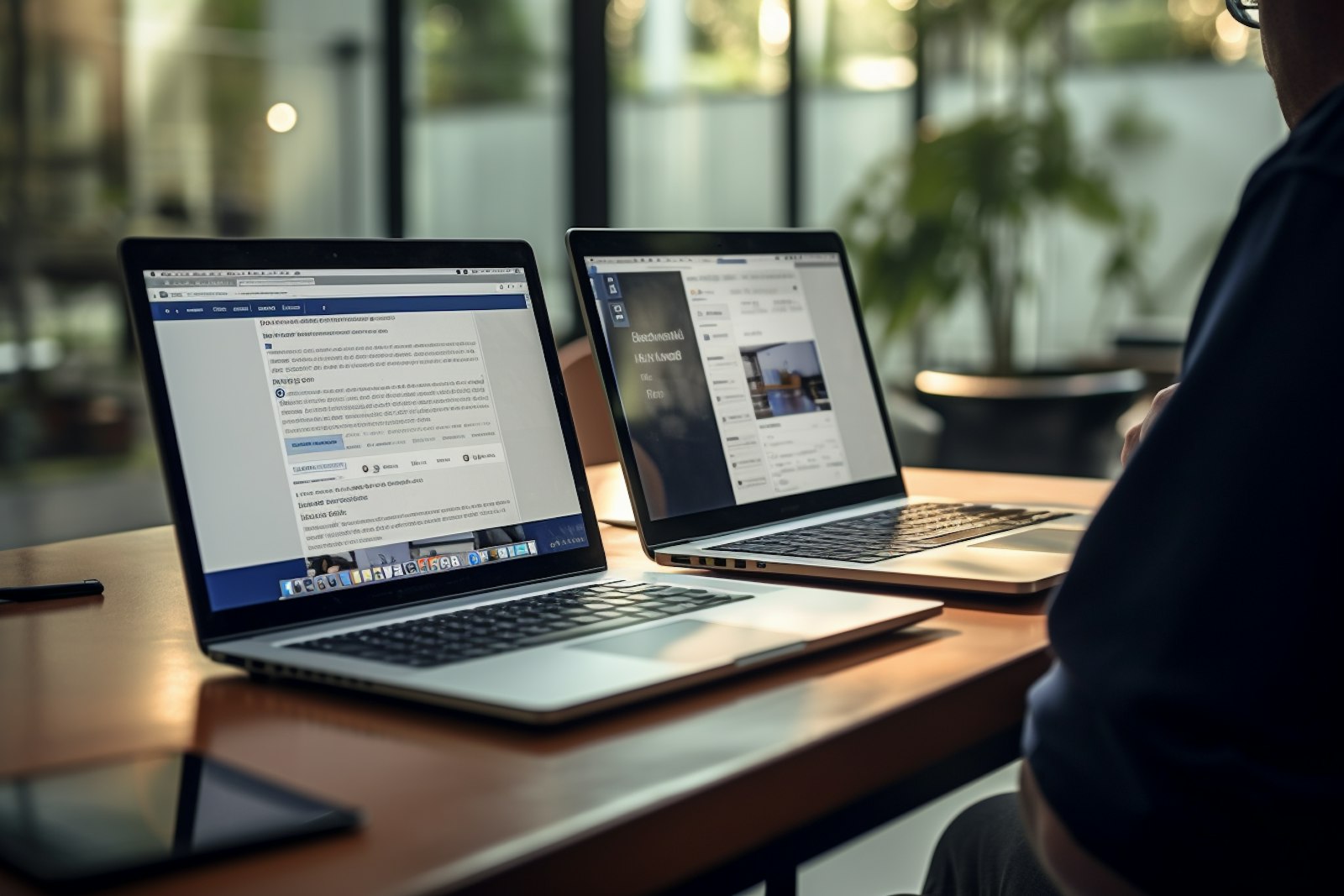 Two laptops open side by side on a desk in a bright workspace.