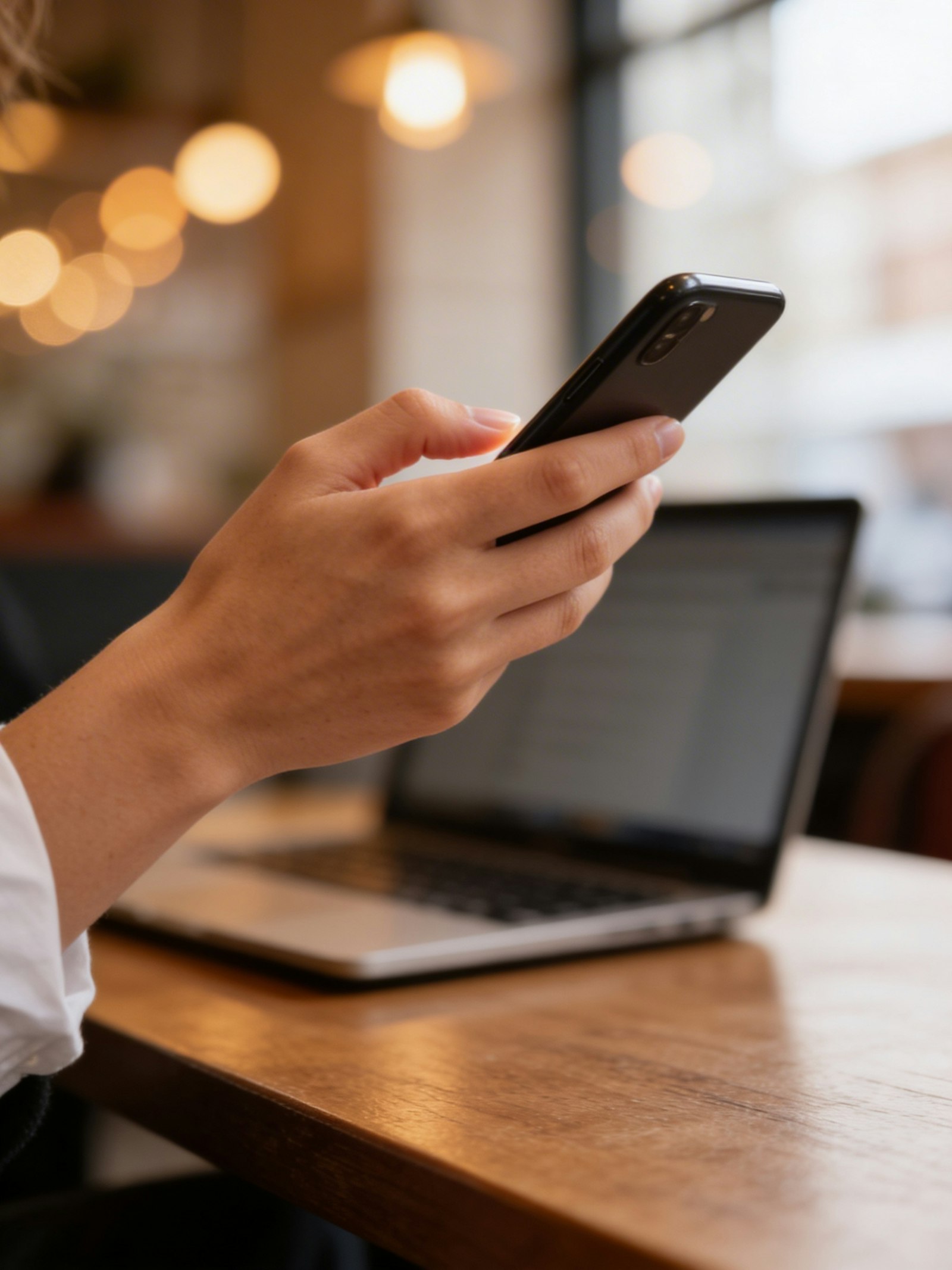 Hand holding a smartphone next to a laptop on a wooden table.
