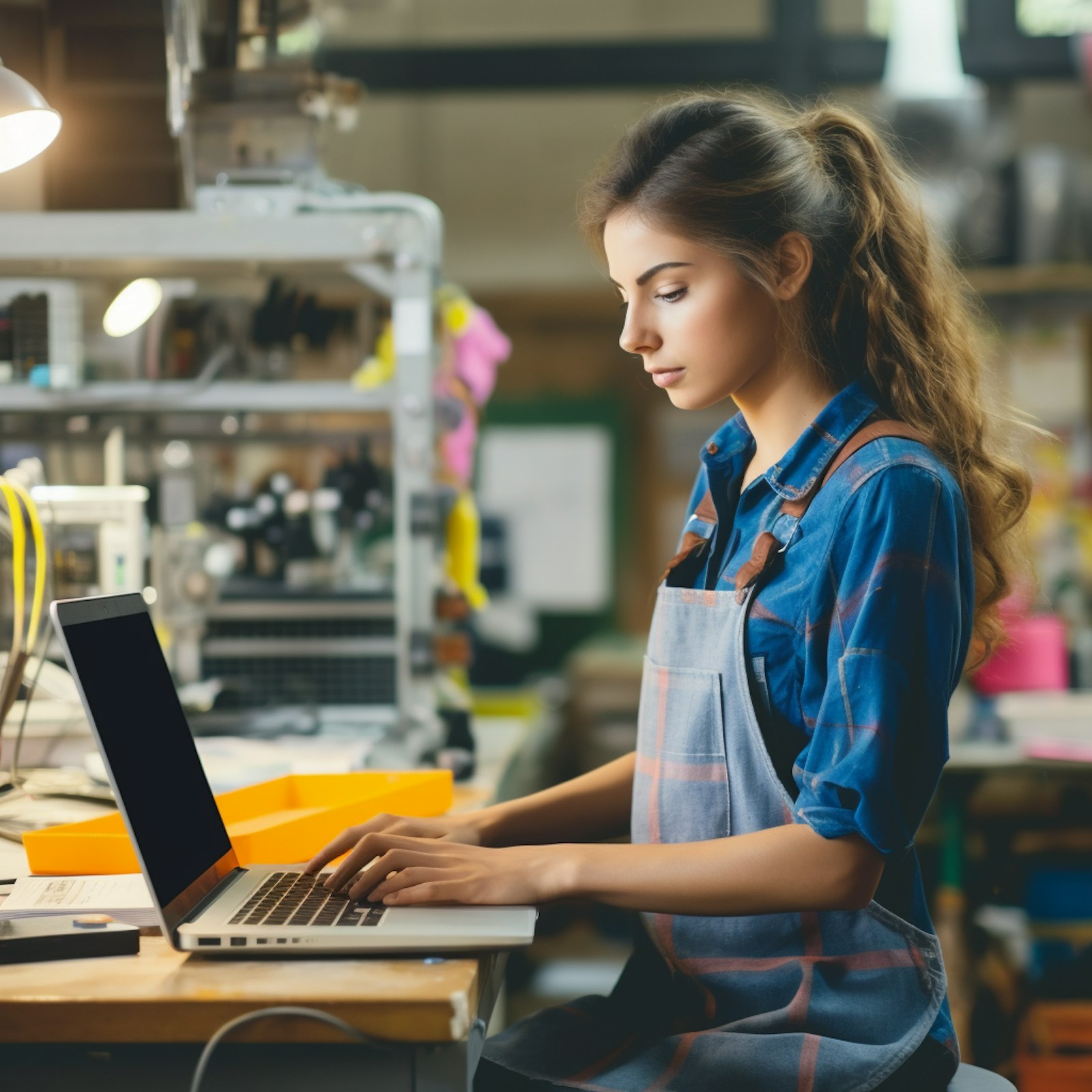 Business owner checking her laptop in her workshop.